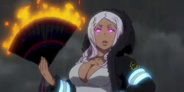 Hibana do Fire Force com seu leque pegando fogo na chuva.