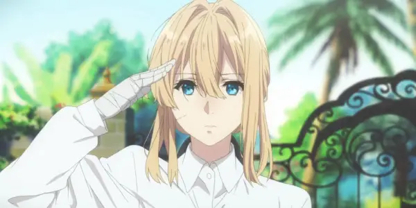 Violet saluda en Violet Evergarden.