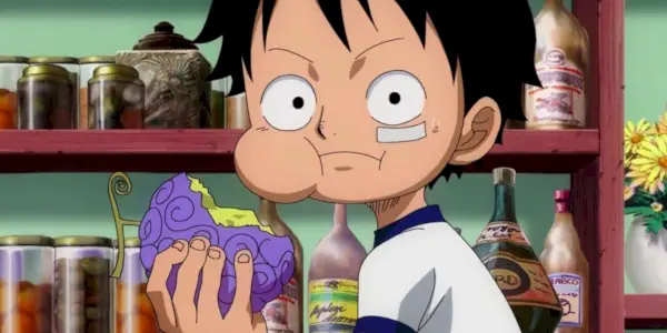 アニメ『ワンピース』のスクリーンショット。幼いルフィがゴムゴムの実の悪魔の実を食べるシーン。