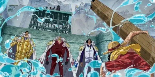 Rufy fissa gli ammiragli a Marineford in One Piece