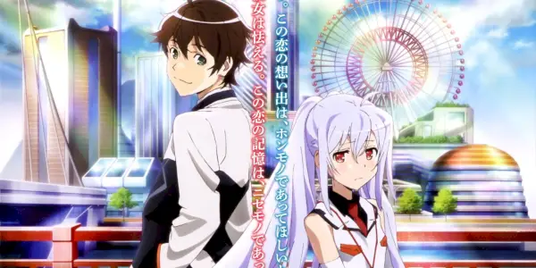 Plastic Memories hovedpersoner ryg mod ryg med en lys by bag sig.
