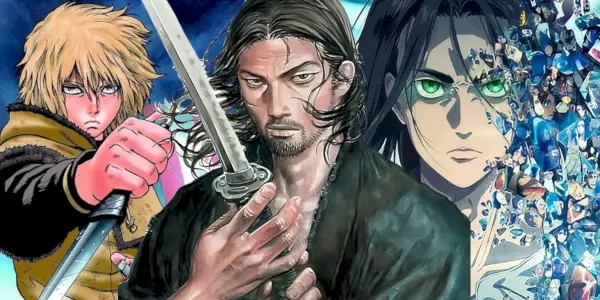 Thorfinn, Miyamoto Musaashi et Eren de Vinland Saga, Vagabond et Attack on Titan ensemble dans une image de style collage.