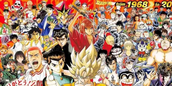 Illustration de couverture du 50e anniversaire du Shonen Jump mettant en vedette des personnages de différentes décennies de l'histoire du magazine.