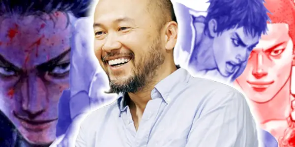 Image de Takehiki Inoue devant ses mangas Vagabond, Slam Dunk et REAL.