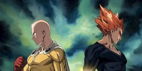 סאיטאמה וגארו ב-One Punch Man עם הגב שלהם זה מול זה על רקע ירוק.