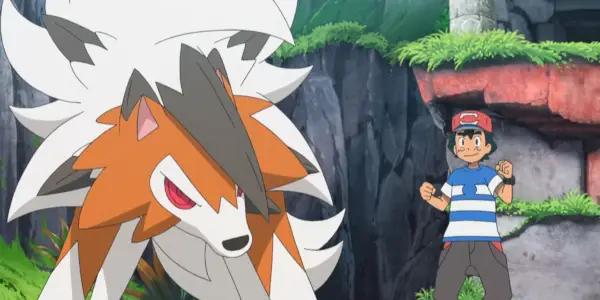 ポケモン:サトシとそのダスクフォームのライカンロックは、いくつかの遺跡の中で戦いの準備をしています。