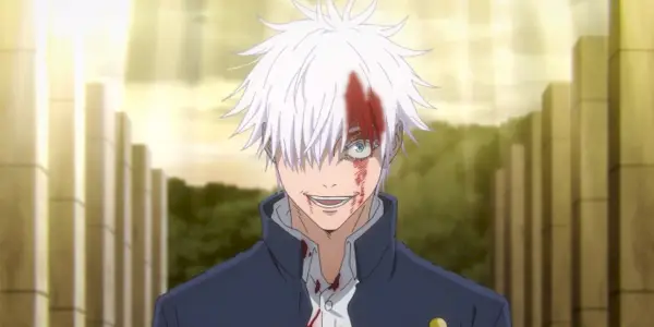Gojo sorridente mentre è insanguinato nel Jujutsu Kaisen