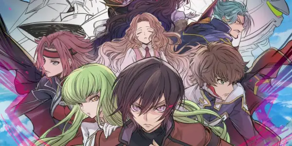 Kód Geass Lelouch z Rebellion s pózujúcim Lelouchom a ďalšími na pozadí modrej oblohy