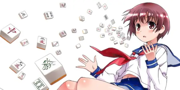 Saki obraz Saki Miyanaga obklopený vznášajúcimi sa kúskami mahjongu