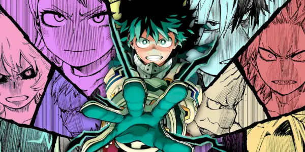 Deku in „My Hero Academia“ mit ausgestreckter Handfläche vor sich und einer Collage der Klasse 1a hinter ihm