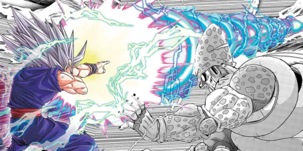 이미지는 흑백 Cell Max에 대해 특수 빔 캐논을 사용하여 풀 컬러로 Dragon Ball Super 만화 버전의 Beast Gohan을 보여줍니다.