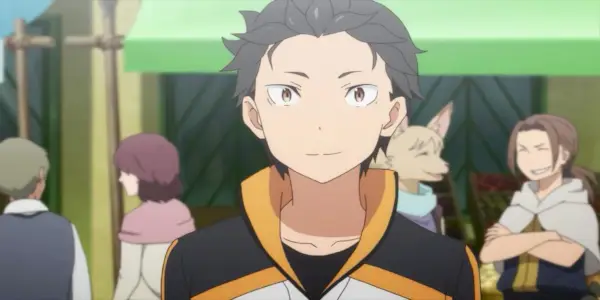 Natsuki Subaru står på et marked i Re:Zero.