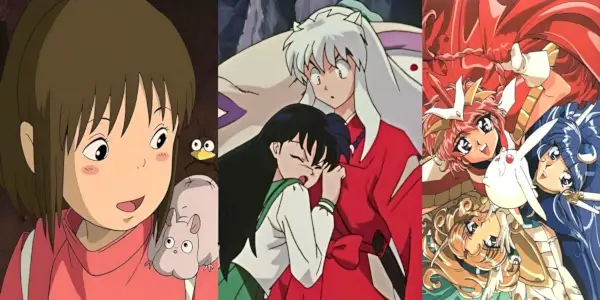Tre paneler viser en jente med en mus på skulderen fra Spiried Away, Inuyasha gjør et forvirret ansikt mens Kagome omfavner ham, og tre jenter ser opp.