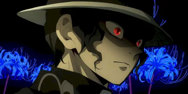 Demon Slayer: Muzan Kibutsuji na frente de seus lírios-aranha azuis.