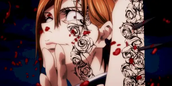 Nobara aus Jujutsu Kaisen mit einer Rosentätowierung im Gesicht und am Arm