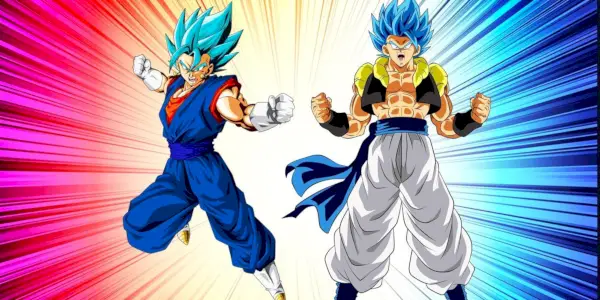 Imágenes de Vegito y Gogeta uno al lado del otro en sus formas Super Saiyan Blue mientras rayos de luz multicolor brillan detrás de ellos.