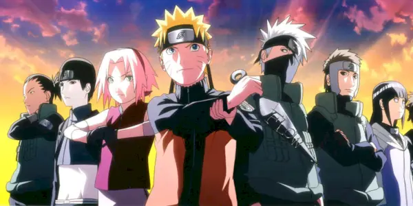 Shikamaru, Sai, Sakura, Naruto, Kakashi, Yamato a Hinata v otvorení Naruto Shippuden