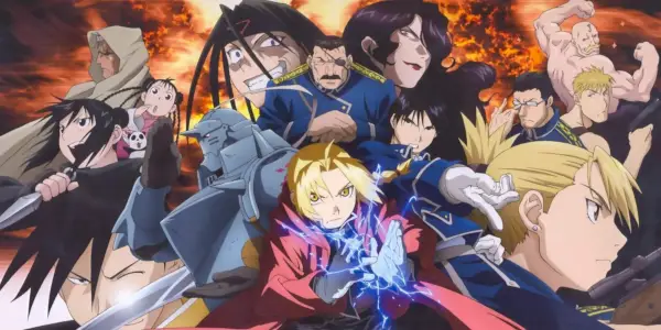 Un poster promozionale collage del cast principale di Fullmetal Alchemist: Brotherhood
