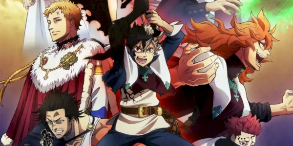 Black Clover Cast, inkludert Asta & Julius, samlet foran lilla og brun bakgrunn
