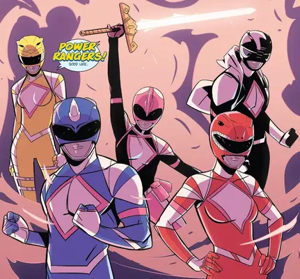 Pink Ranger Kmberly Ann Hart raises the Sword of Light alongside Black Ranger Zack Taylor and Yellow Ranger Trini Kwan in Pink comic