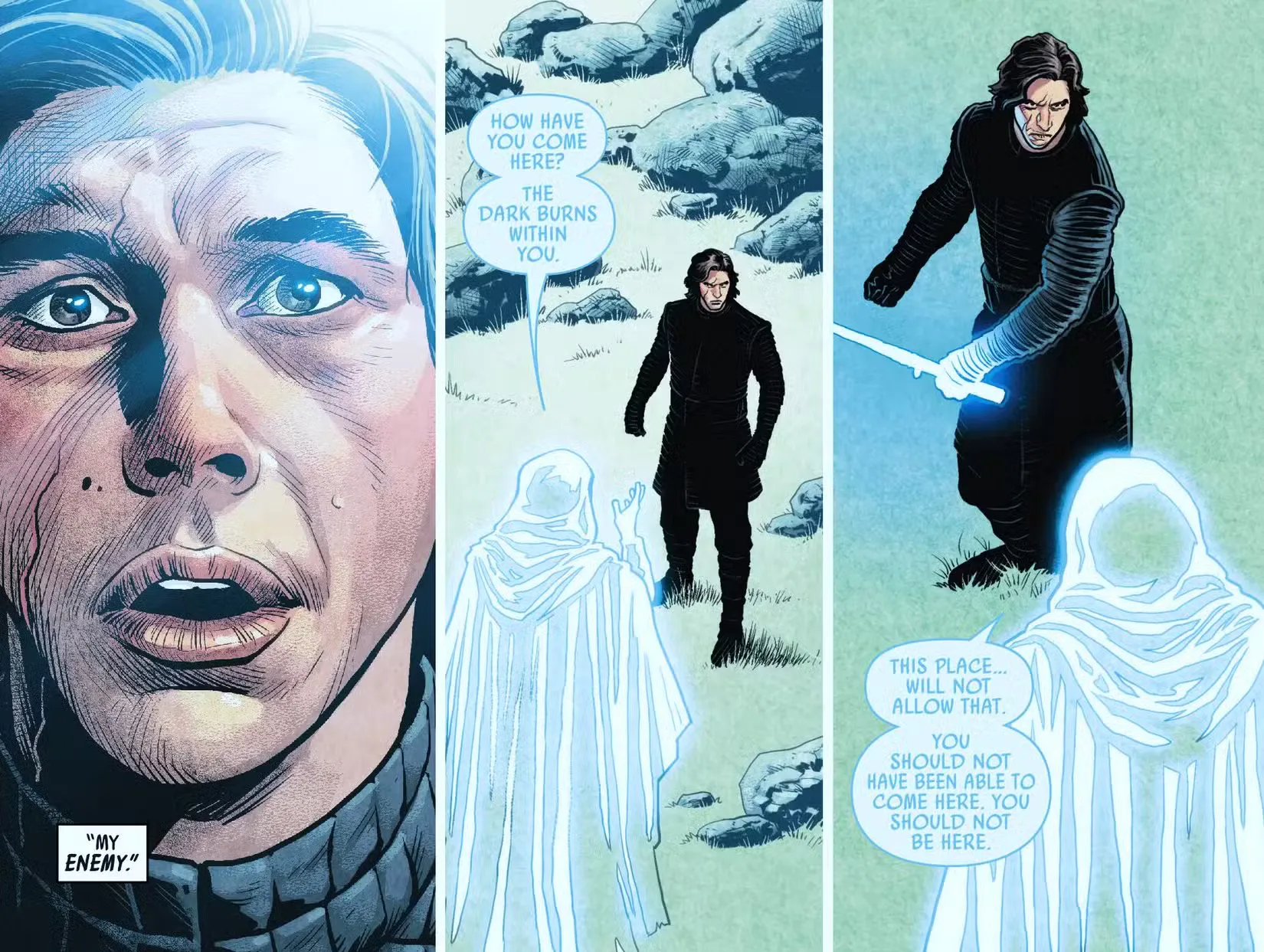 >Кайло Рен виглядає враженим, коли стає свідком раю джедаїв у коміксах «Зоряні війни».<p>Кількість блакитних світлових фігур, що збираються в долині, майже не видно в деталях, один із учасників у мантії попереджає Кайло Рена, що він не повинен бути присутнім у такому місці. Усі спроби атакувати фігуру виявляються безглуздими, підтверджуючи, що розум живої істоти може відвідати цю духовну сферу, але залишається поза її впливом. Так і робіть духи Сили Квай-Гона Обі-Вана та Йоди .</p> <p>Лише сам Люк Скайвокер приймає впізнавану фізичну форму, щоб дати останній урок своєму норовливому учневі. Надає додаткове підтвердження того, що це царство є місцем проживання джедаїв у Нижньому світі Сили, зазначаючи, що якби Бен Соло справді впав на темну сторону він взагалі не зміг би пройти це місце.</p> <br /> <div id= Кайло Рен знаходить рай для джедаїв у коміксах