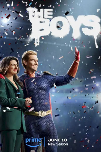 The Boys sæson 4 plakat viser Homelander med Victoria Neuman omgivet af konfetti