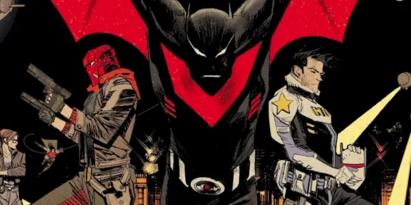 Terry McGinnis som Batman med Red Hood og Nightwing på begge sider.
