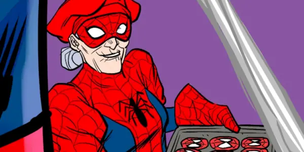 Tante May bager småkager som Spider-Ma