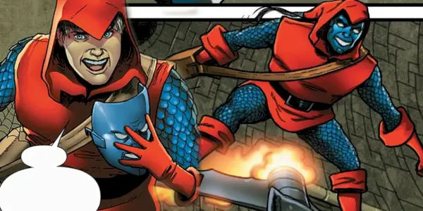 Peter Parker som Hobgoblin-varianten på sit flyvende apparat i tegneserien