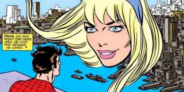 O Homem-Aranha Peter Parker olha para a ponte e vê Gwen Stacy