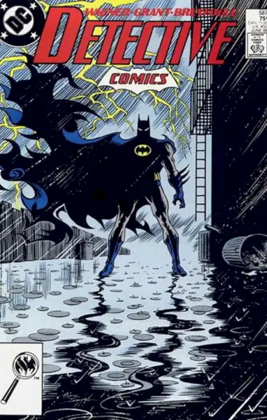 Batman står i en gyde for Detective Comics #587 cover art