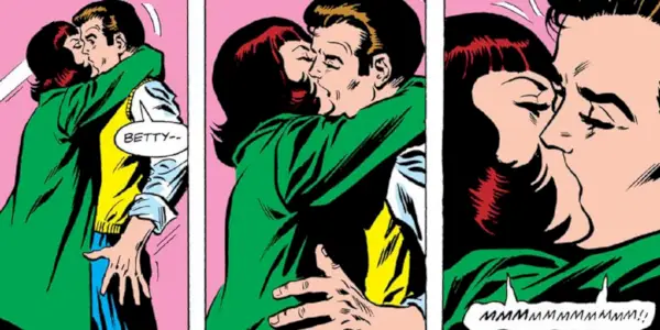 マーベルコミックでピーター・パーカーにキスするベティ・ブラント。