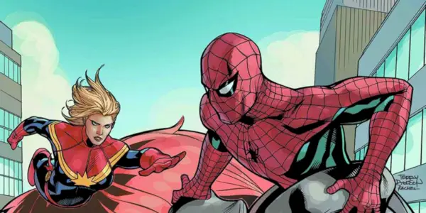 スパイダーマンに向かって飛び立つキャプテン・マーベル。
