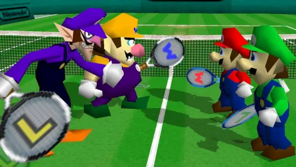Waluigi und Wario treten auf einem Tennisplatz von Mario Tennis gegen Luigi und Mario an.