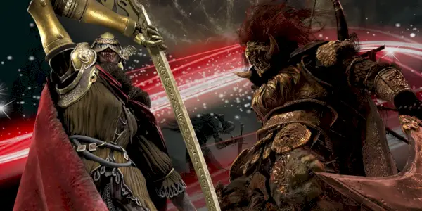 Les patrons d'Elden Ring, Malenia et Radahn, soutenus par un fond rouge tourbillonnant, le tout devant un gros plan atténué du jeu