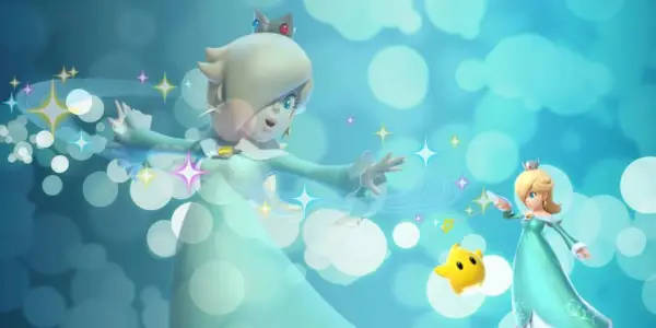 Rosalina fluttua accanto a Sfavillotti in Super Mario Galaxy