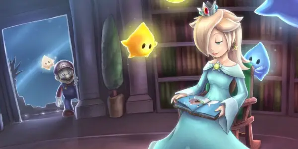 Mario saluta Rosalinda sulla soglia in Super Mario Galaxy
