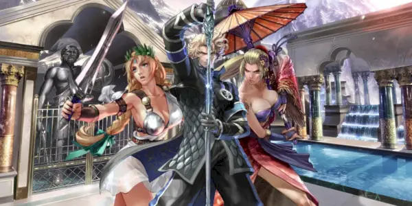 Patroklos in piedi di fronte a Soulcalibur