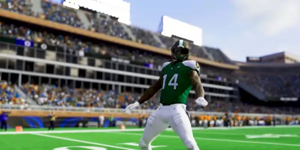 Hráč oslavujúci v Madden 24 po strelení touchdownu.