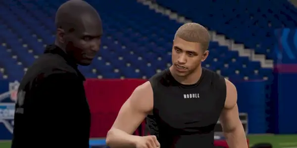 Postava vyrobená na mieru, ktorá sa rozpráva so svojím trénerom v režime Madden 24 Superstar.