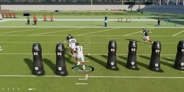 Blokujúca minihra v režime Franchise pre Madden 24.
