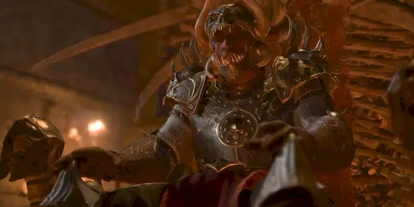Volitelný boss BG3 Sarevok na trůnu z Murder Tribunal nalezený v Lower City of Act 3
