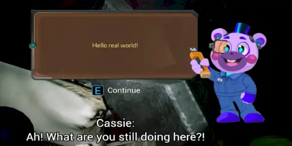 Helpi taler med Cassie i FNAF Security Breach Ruin gennem en tekstboks i den virkelige verden, mens hun ikke er