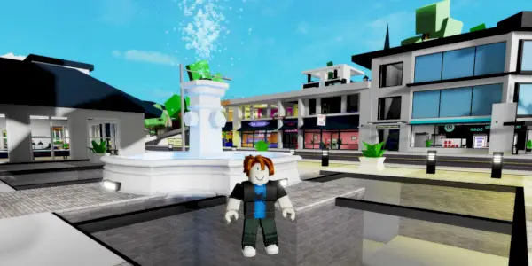 Postava hráča Roblox Brookhaven na hlavnom námestí Brookhaven vedľa fontány a obchodov