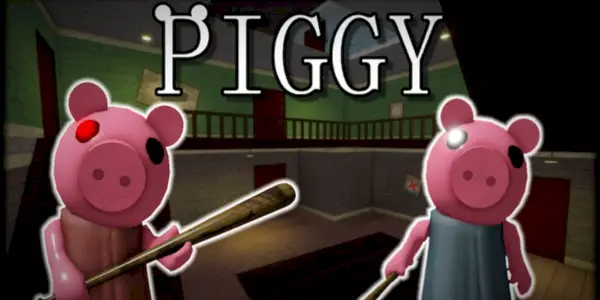 Dve strašidelné postavičky v kostýme prasiatka držia netopiere v Piggy