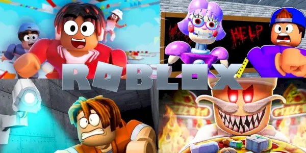 štyri rôzne obrázky obby hry a názov roblox