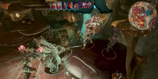 Myconid Soverigns Glut a Spaw stojící proti sobě v Underdark v Balduru
