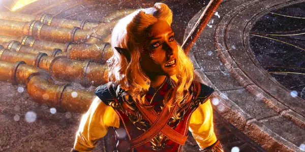 Zaklínač drowů v Baldur’s Gate 3 šokovaně vzhlédne.