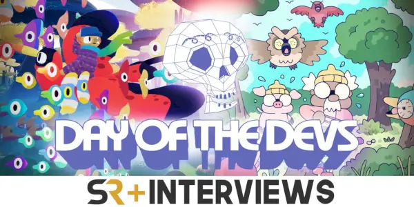Day of the Devs-logoet med billeder fra Flock and Hermit and Pig på siderne og SR Interviews-logoet nedenfor.