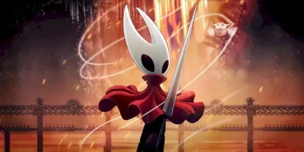 Hollow Knight: Silksong-hovedperson Hornet på en brændende baggrund.